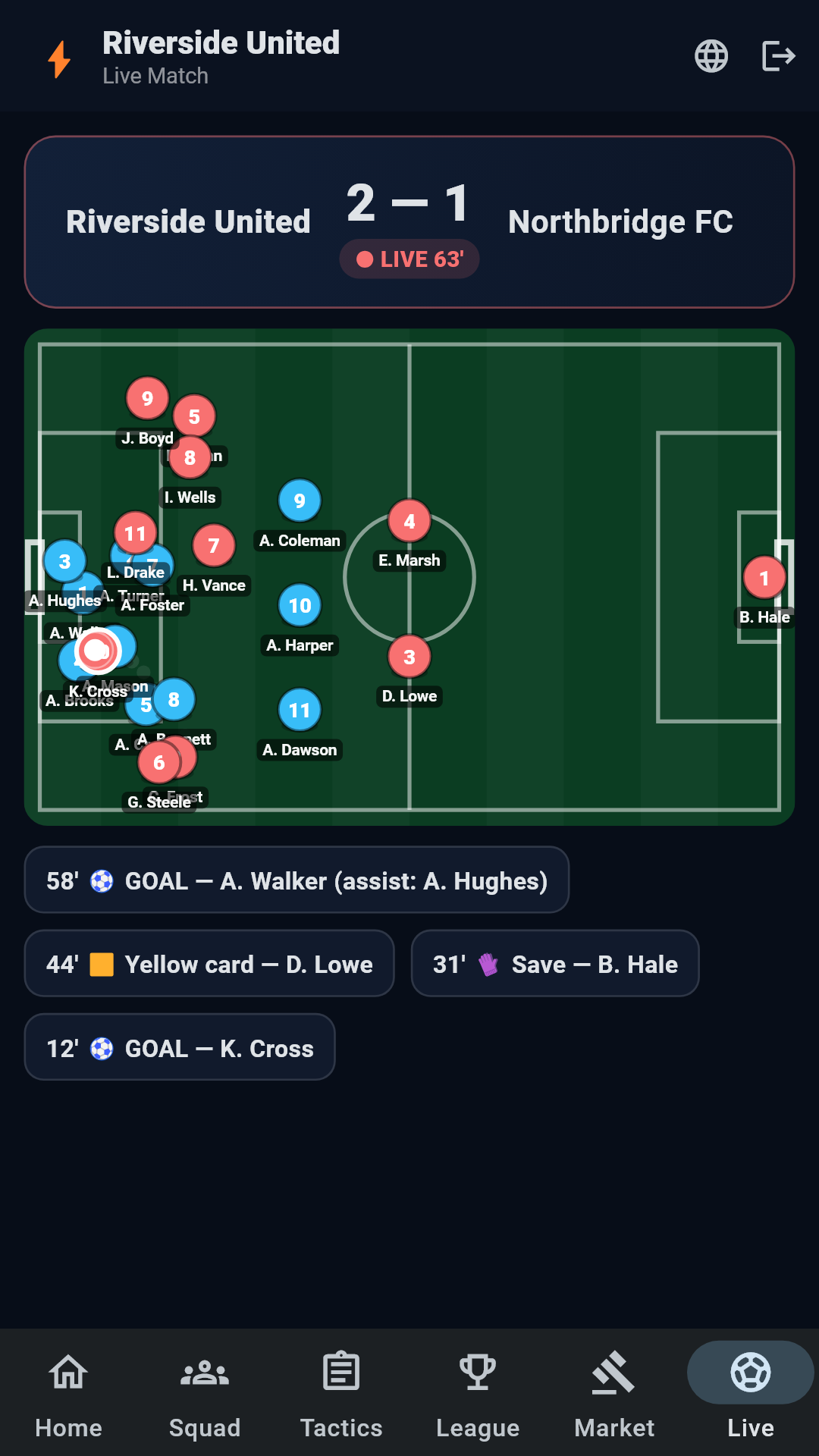 PRO EV 7 live match screen — pitch with named, numbered players